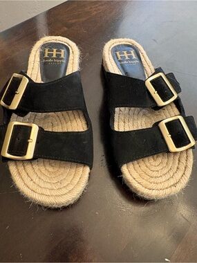 Haute Hippie Black Double Buckle Espadrille Slide Sandals